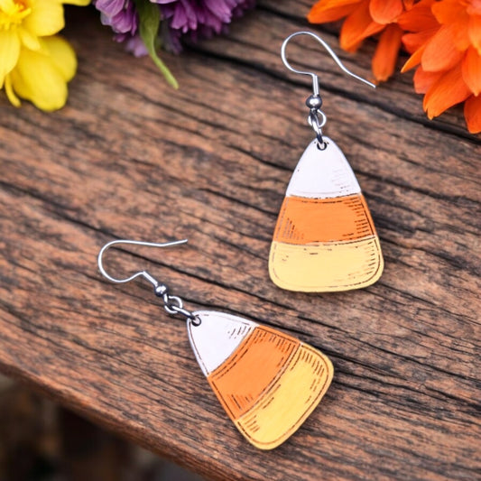 Candy Corn Engraved Wood Earrings