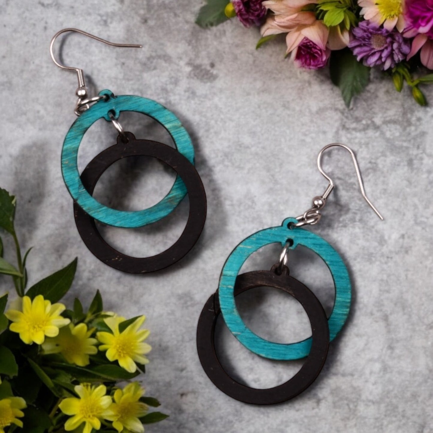 Double Hoop Lightweight Wood Dangle Earrings – Interlocking Geometric Circles - Small
