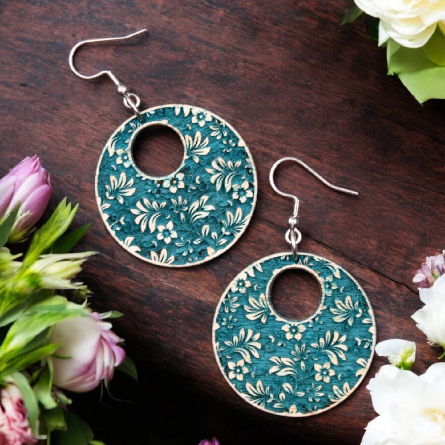 Oversized, Chunky, Statement Earrings - Engraved Wood Floral Design Earrings