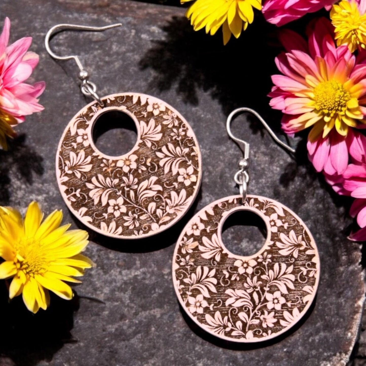 Oversized, Chunky, Statement Earrings - Engraved Wood Floral Design Earrings
