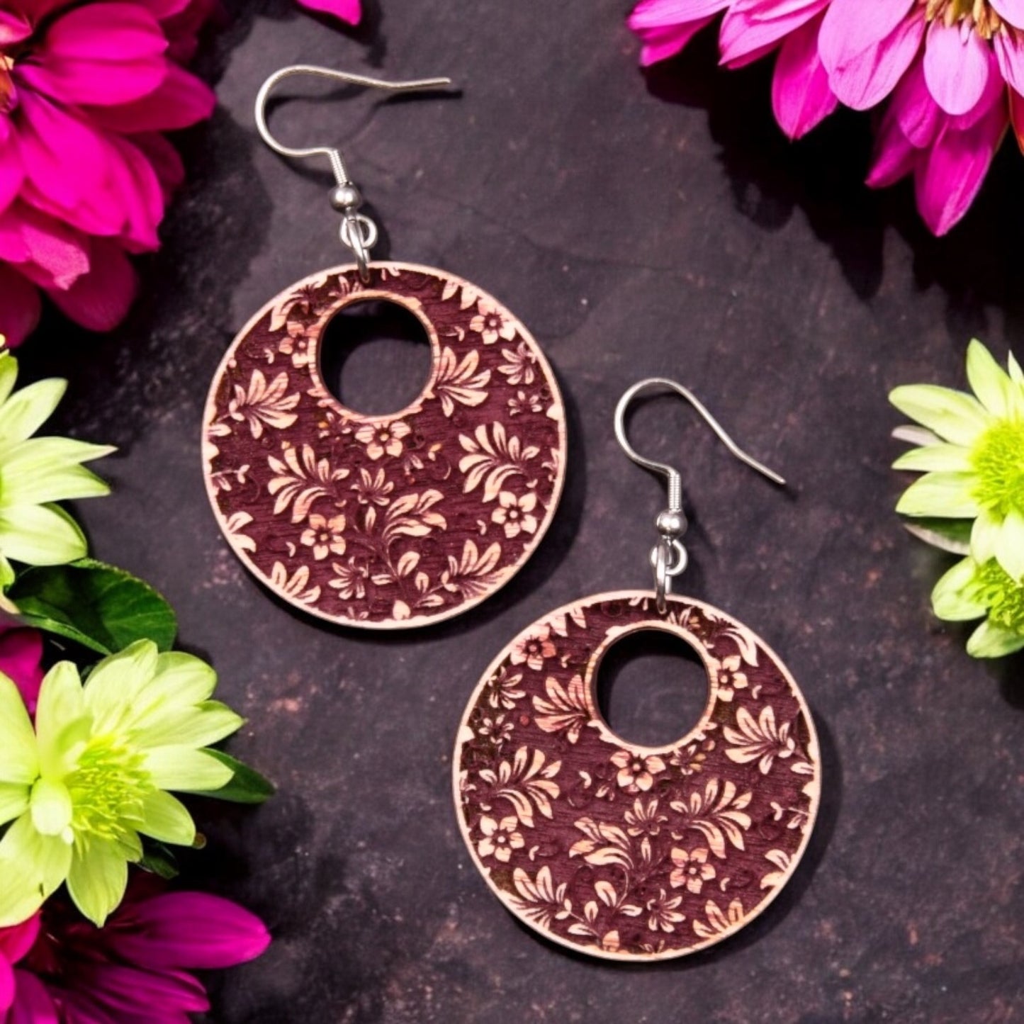 Oversized, Chunky, Statement Earrings - Engraved Wood Floral Design Earrings