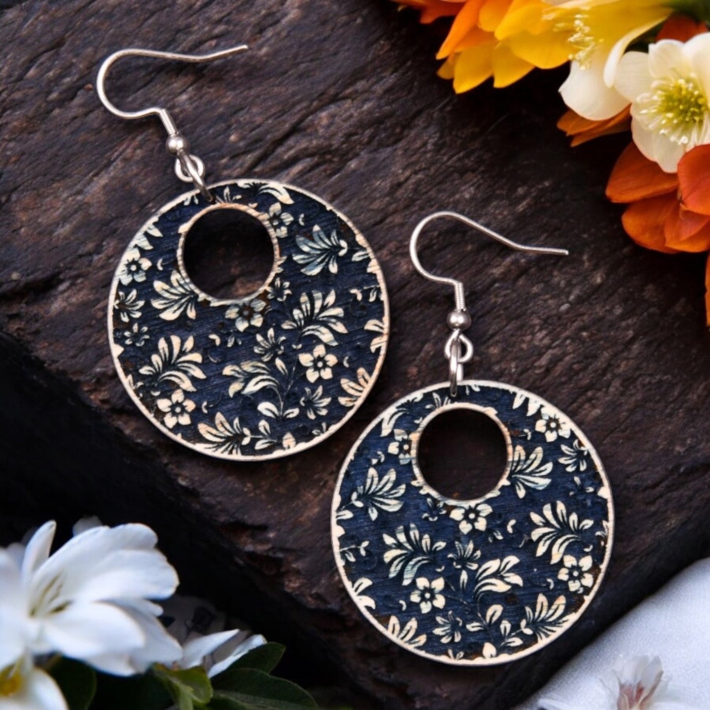 Oversized, Chunky, Statement Earrings - Engraved Wood Floral Design Earrings
