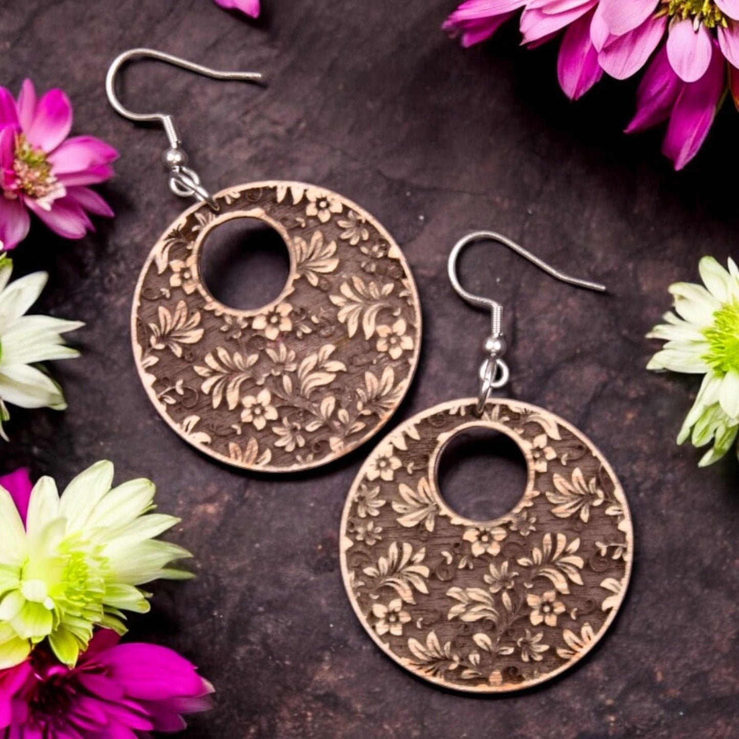 Oversized, Chunky, Statement Earrings - Engraved Wood Floral Design Earrings