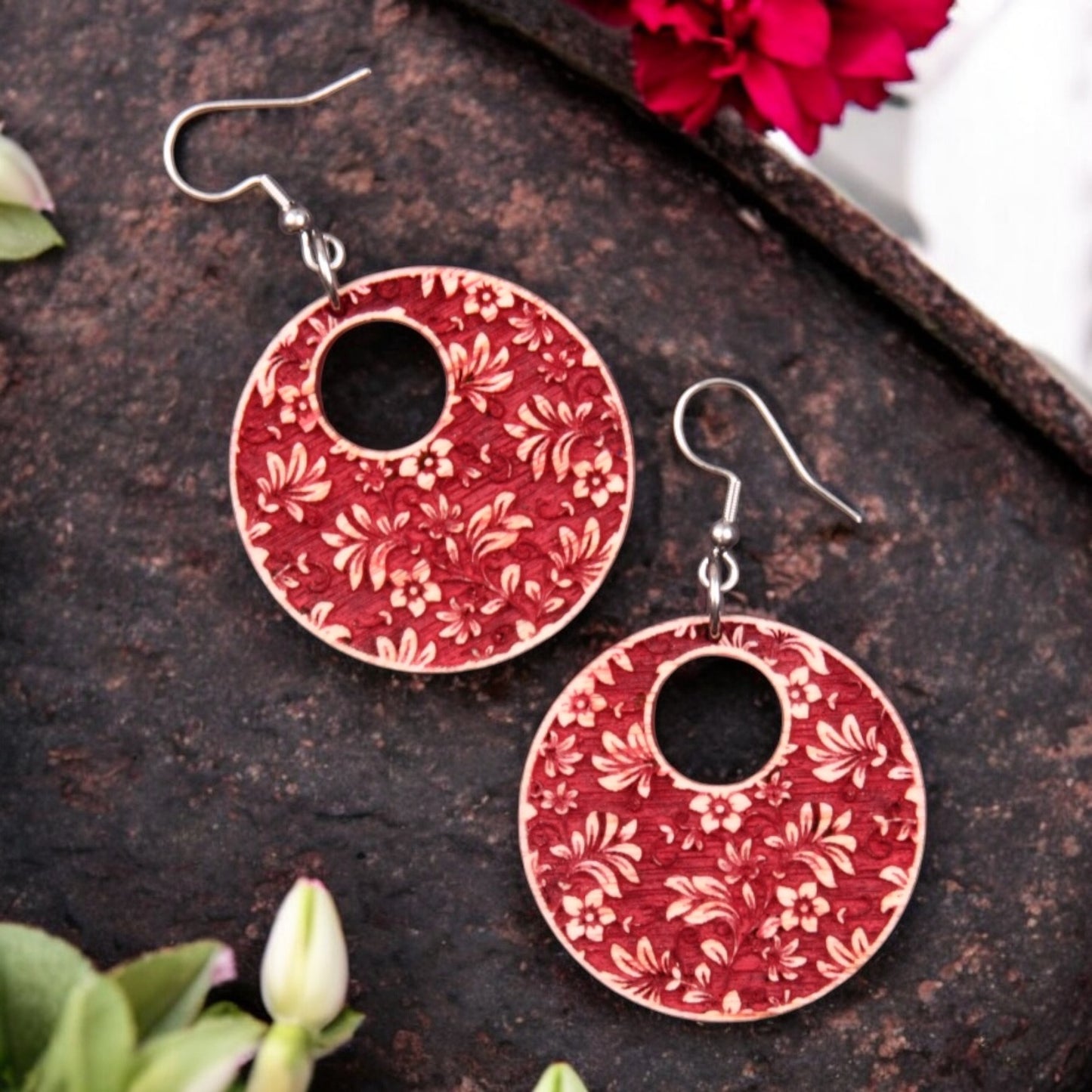 Oversized, Chunky, Statement Earrings - Engraved Wood Floral Design Earrings