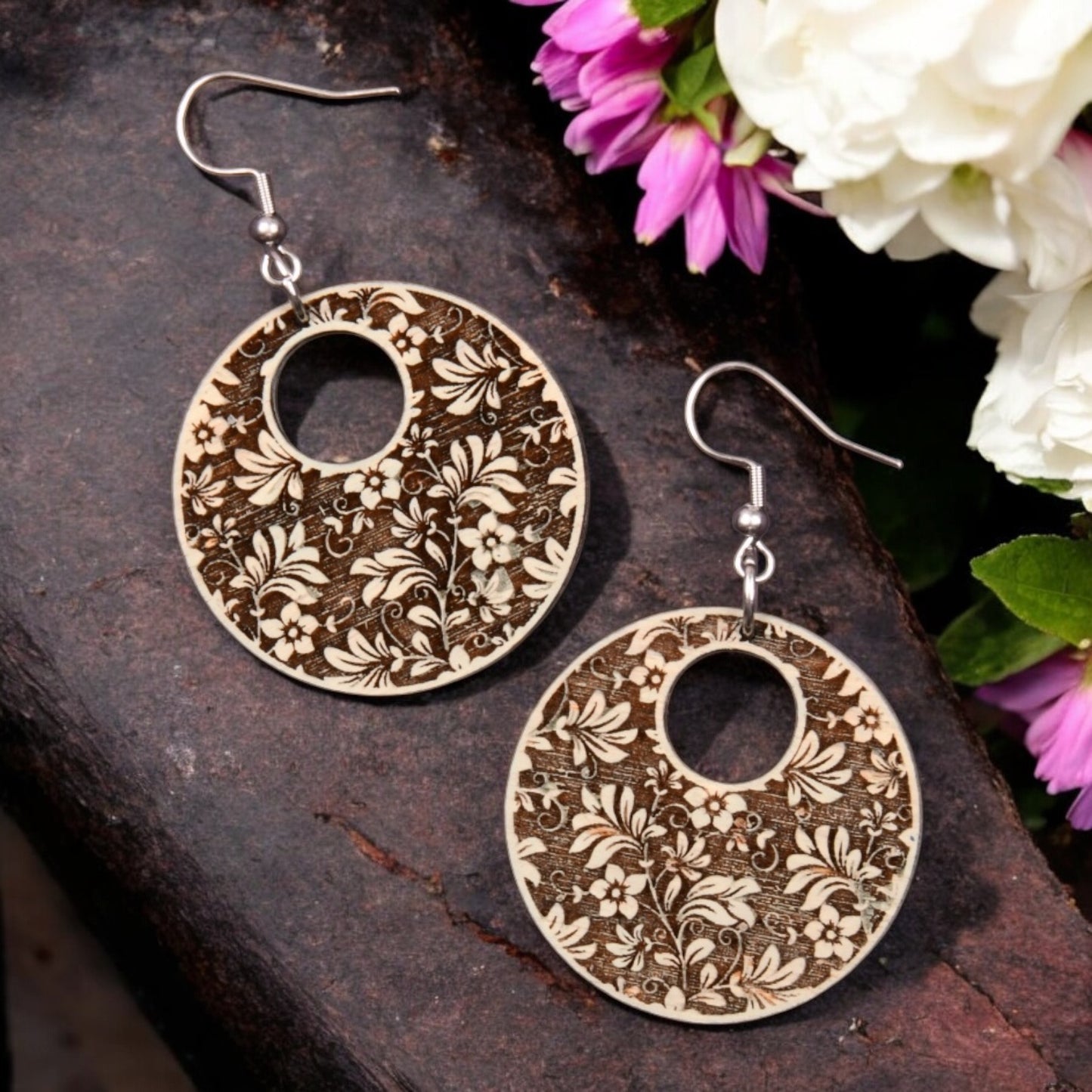 Oversized, Chunky, Statement Earrings - Engraved Wood Floral Design Earrings