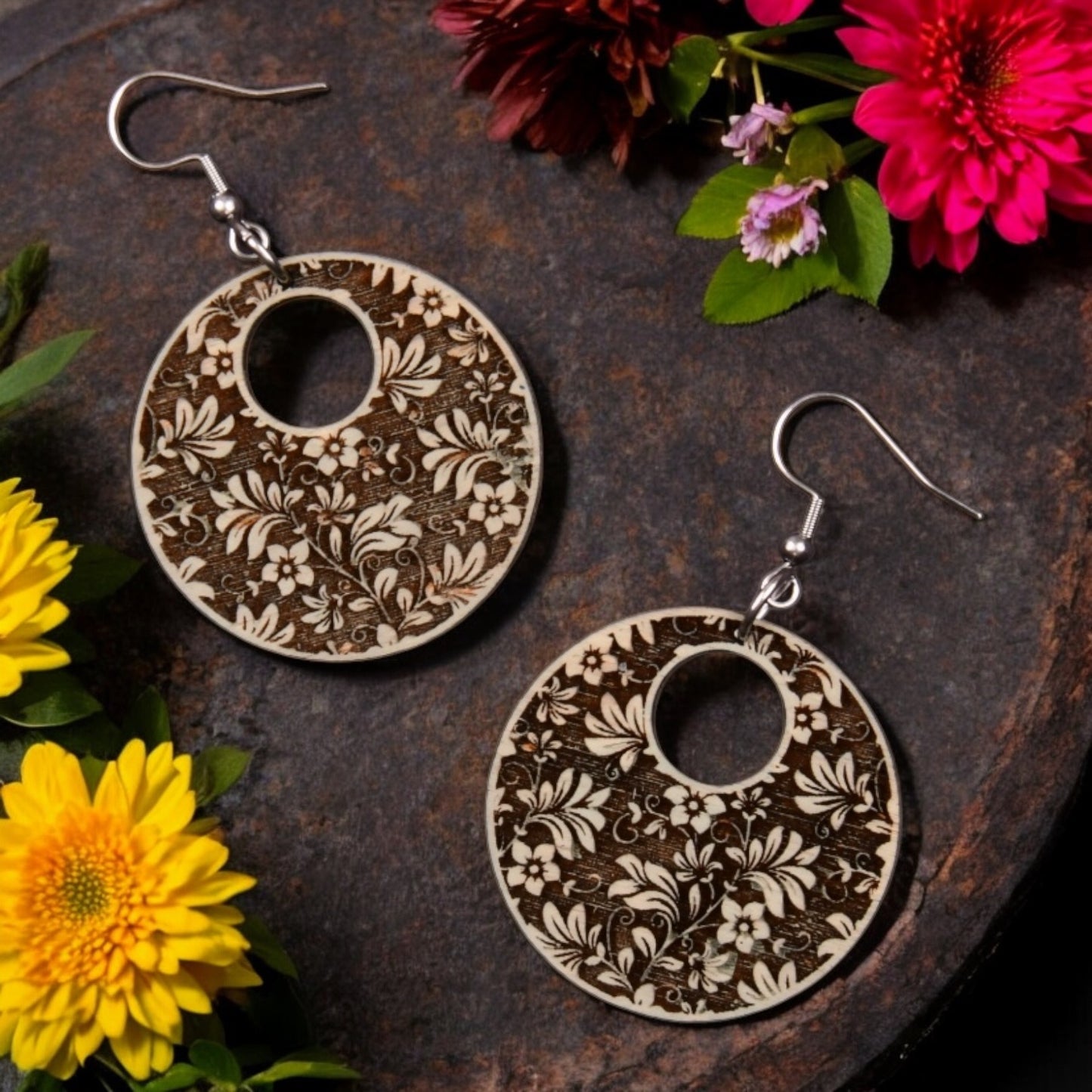 Oversized, Chunky, Statement Earrings - Engraved Wood Floral Design Earrings