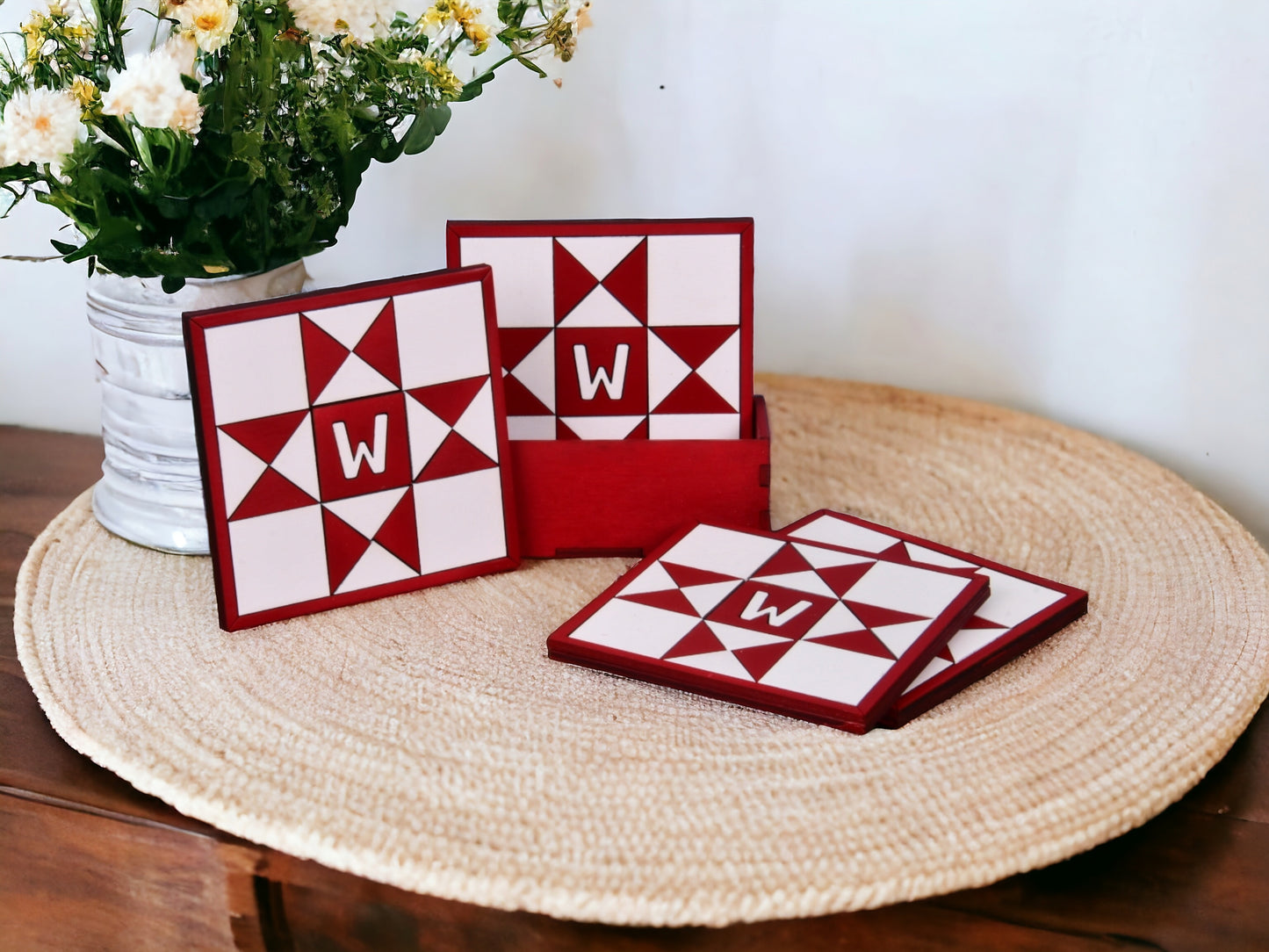 Monogram Barn Quilt Coaster Set