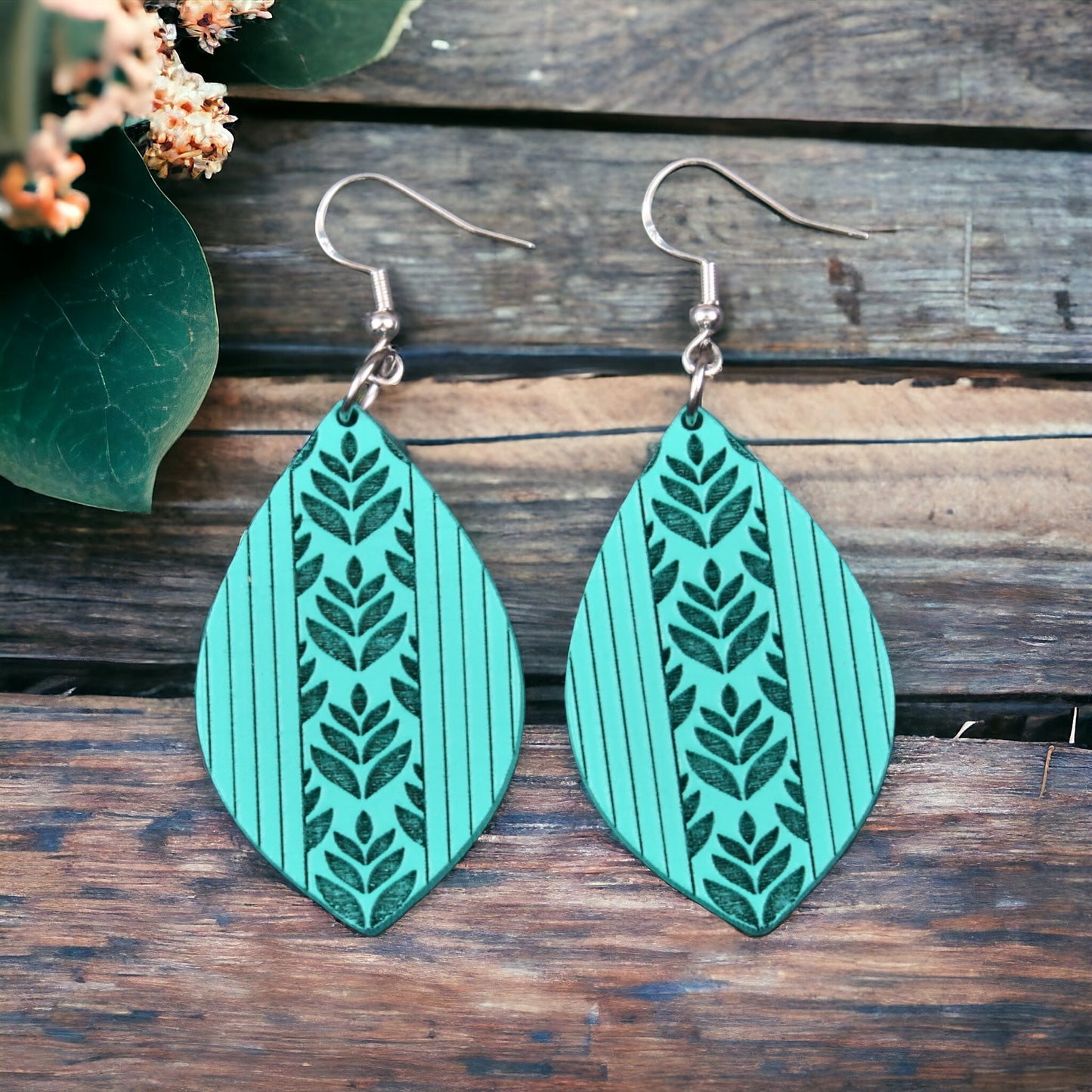 Oversized, Chunky, Statement Earrings - Engraved Wood Leafy Earrings