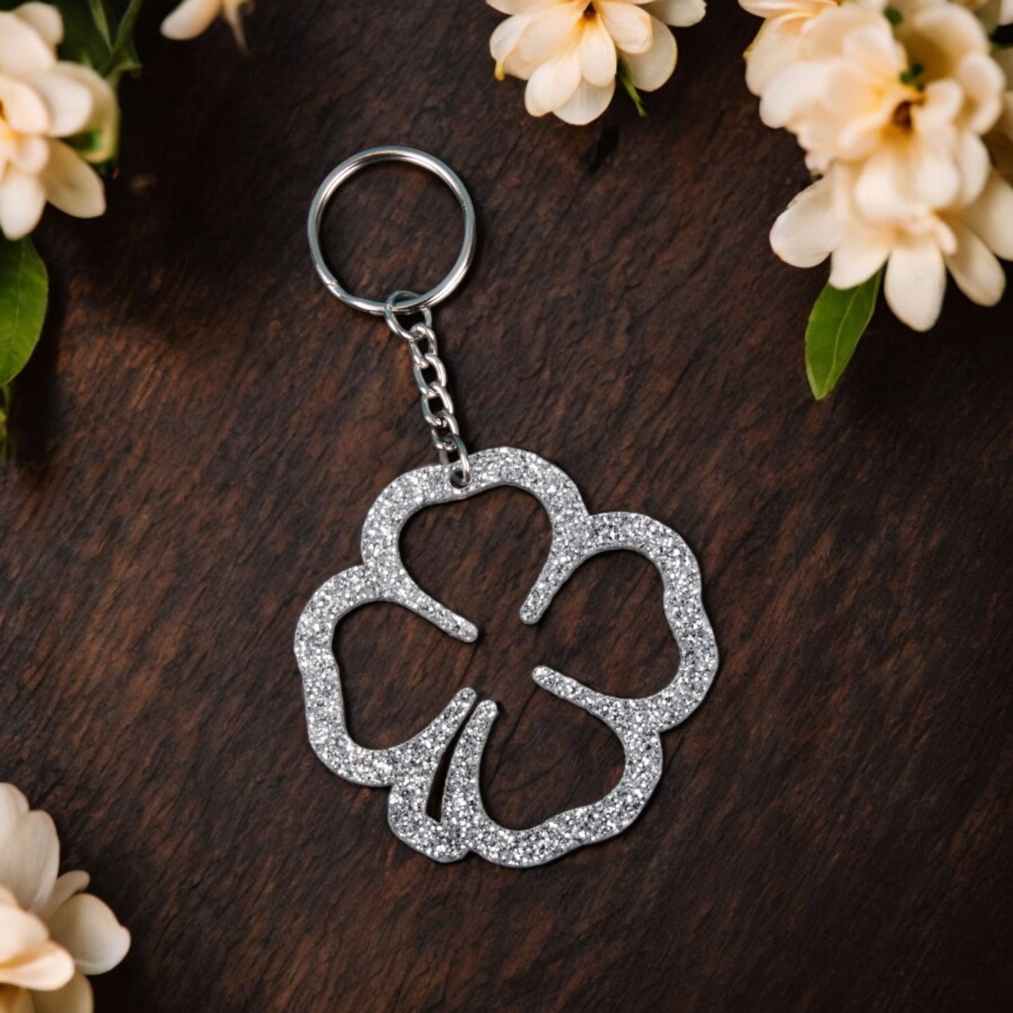 Buyer Thank You Silver Glitter Acrylic Clover Keychain