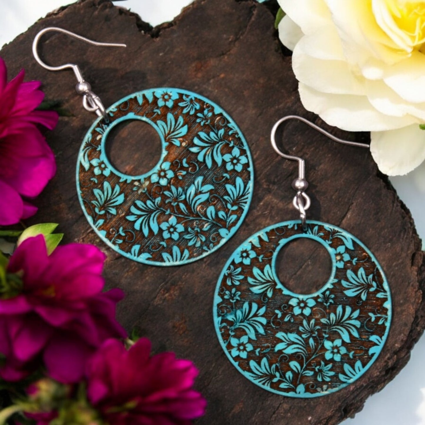 Laser-Engraved Floral Wood Statement Earrings – Vintage Botanicals