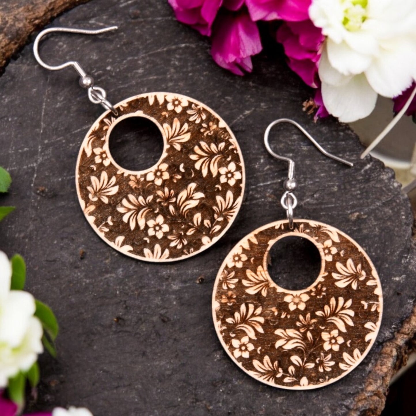 Laser-Engraved Floral Wood Statement Earrings – Vintage Botanicals