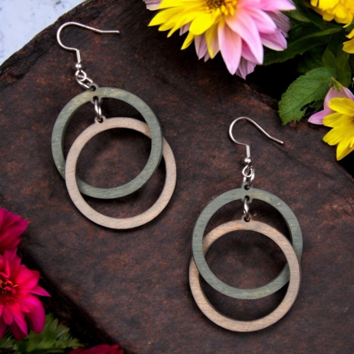 Double Hoop Lightweight Wood Dangle Earrings – Interlocking Geometric Circles - Large
