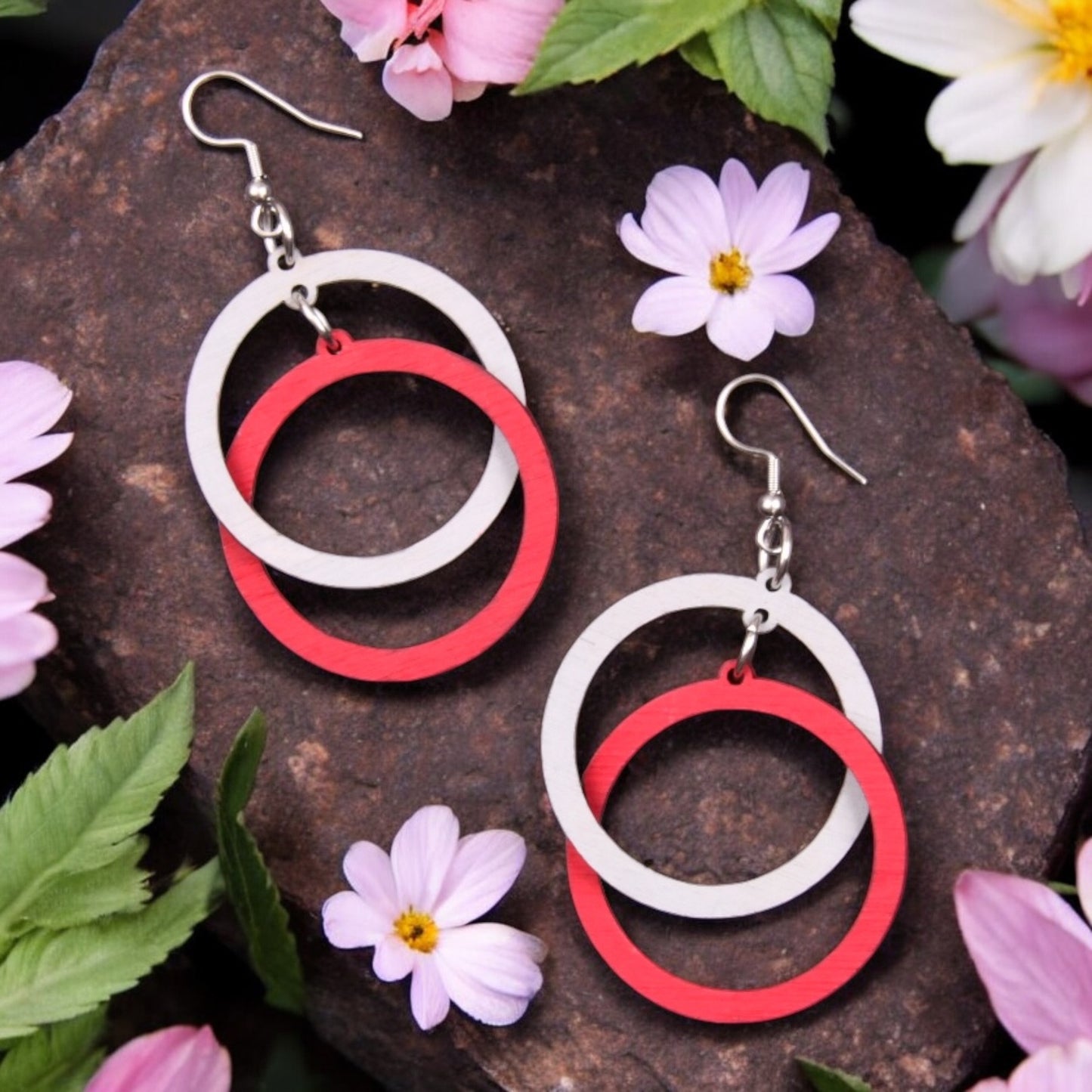 Double Hoop Lightweight Wood Dangle Earrings – Interlocking Geometric Circles - Large