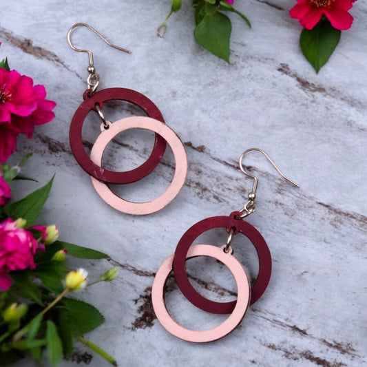 Double Hoop Lightweight Wood Dangle Earrings – Interlocking Geometric Circles - Small