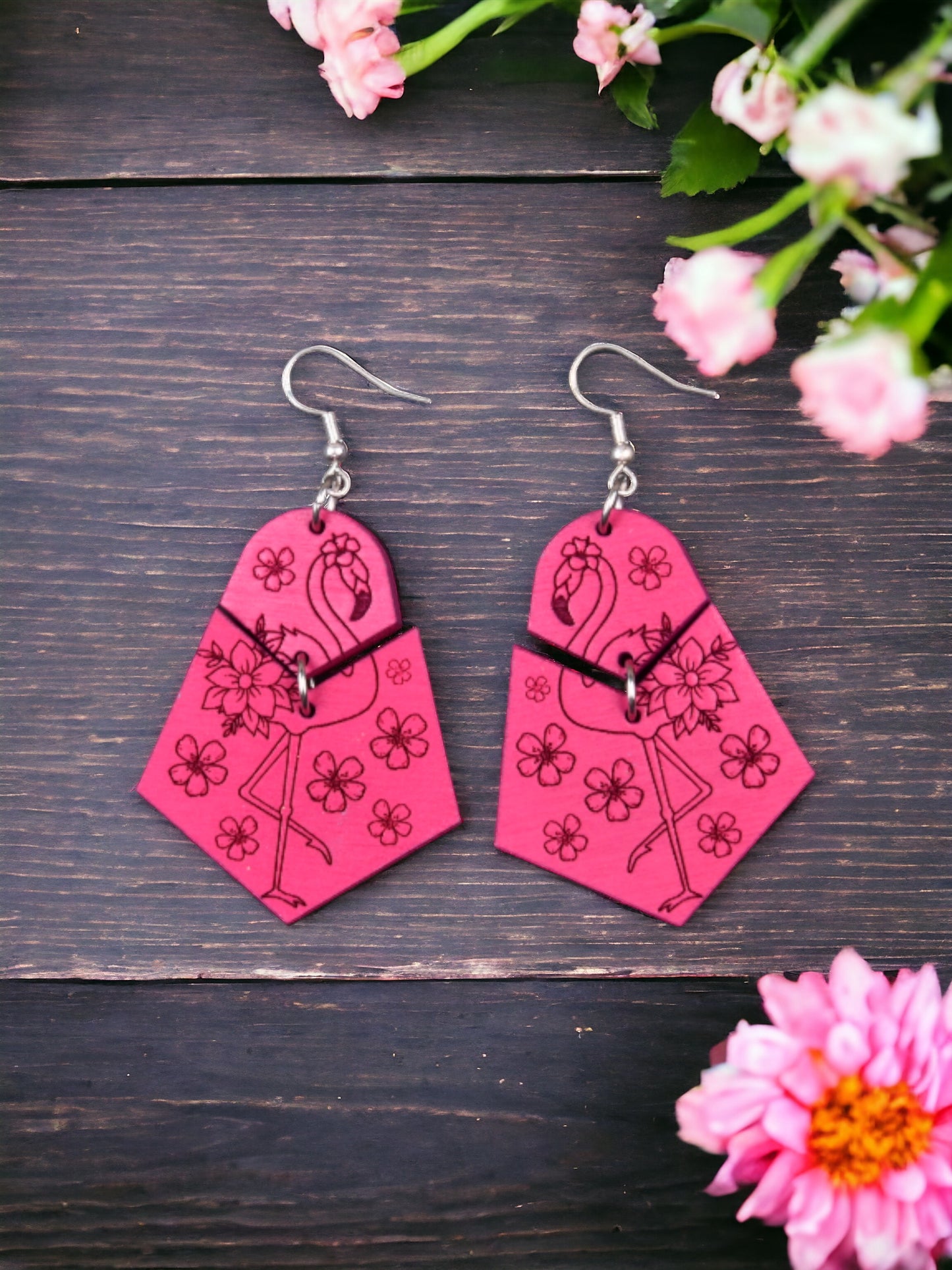 Oversized, Chunky, Statement Earrings - Engraved Wood Flamingo Earrings