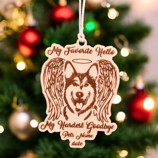 My Favorite Hello - Husky Christmas Ornament or Mirror Hanger (Pet-Husky-001)