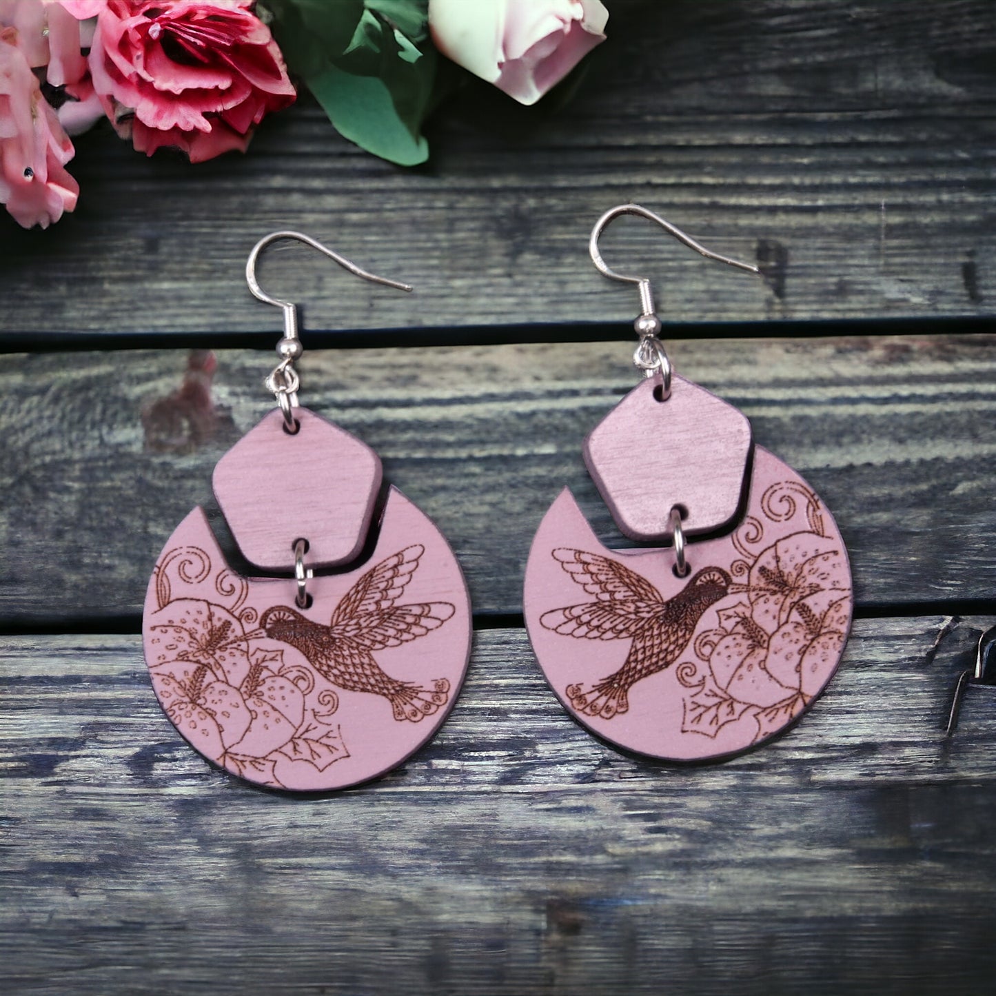 Oversized, Chunky, Statement Earrings - Engraved Wood Hummingbird Earrings