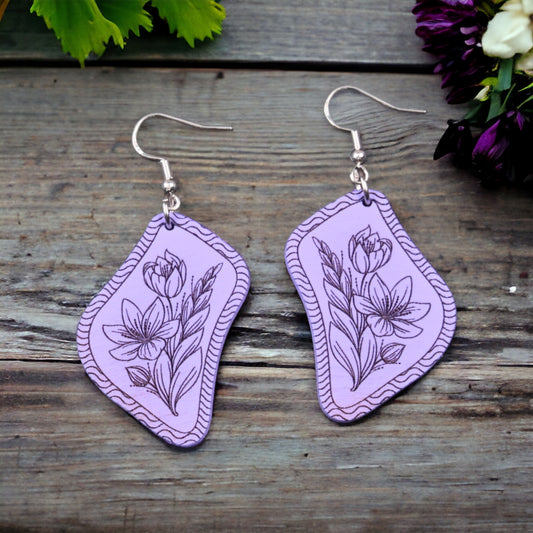 Oversized, Chunky, Statement Earrings - Engraved Wood Floral Earrings