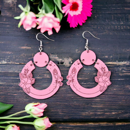 Oversized, Chunky, Statement Earrings - Engraved Wood Round Floral Earrings